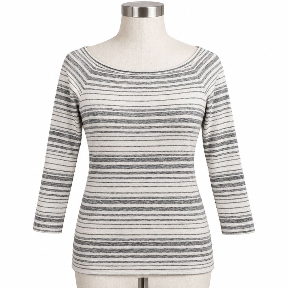 THEORY Gray and White Striped Top Boatneck Cotton Modal Size S Classic Office